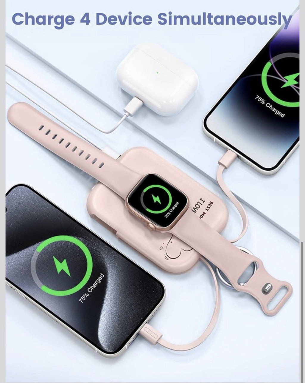 5000Mah Portable Charger Power Bank with Built-In Cables, Travel Keychain