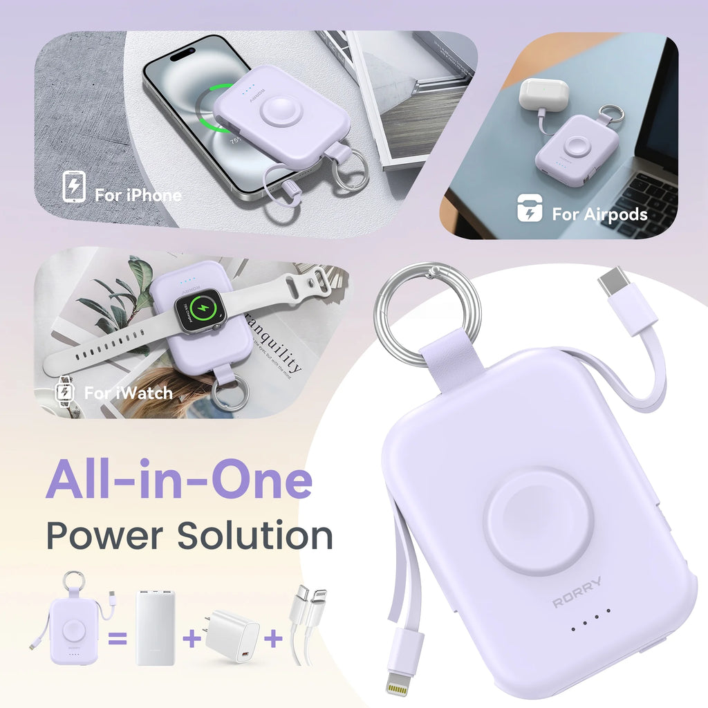 Portable Charger, 5000Mah Power Bank - Apple Watch Charger with Built-In Cables,Travel-Ready Portable Charger for Iphone 17/ 16/15/14 ,Android ,Apple Watch Ultra2/11/10/9/8, Purple