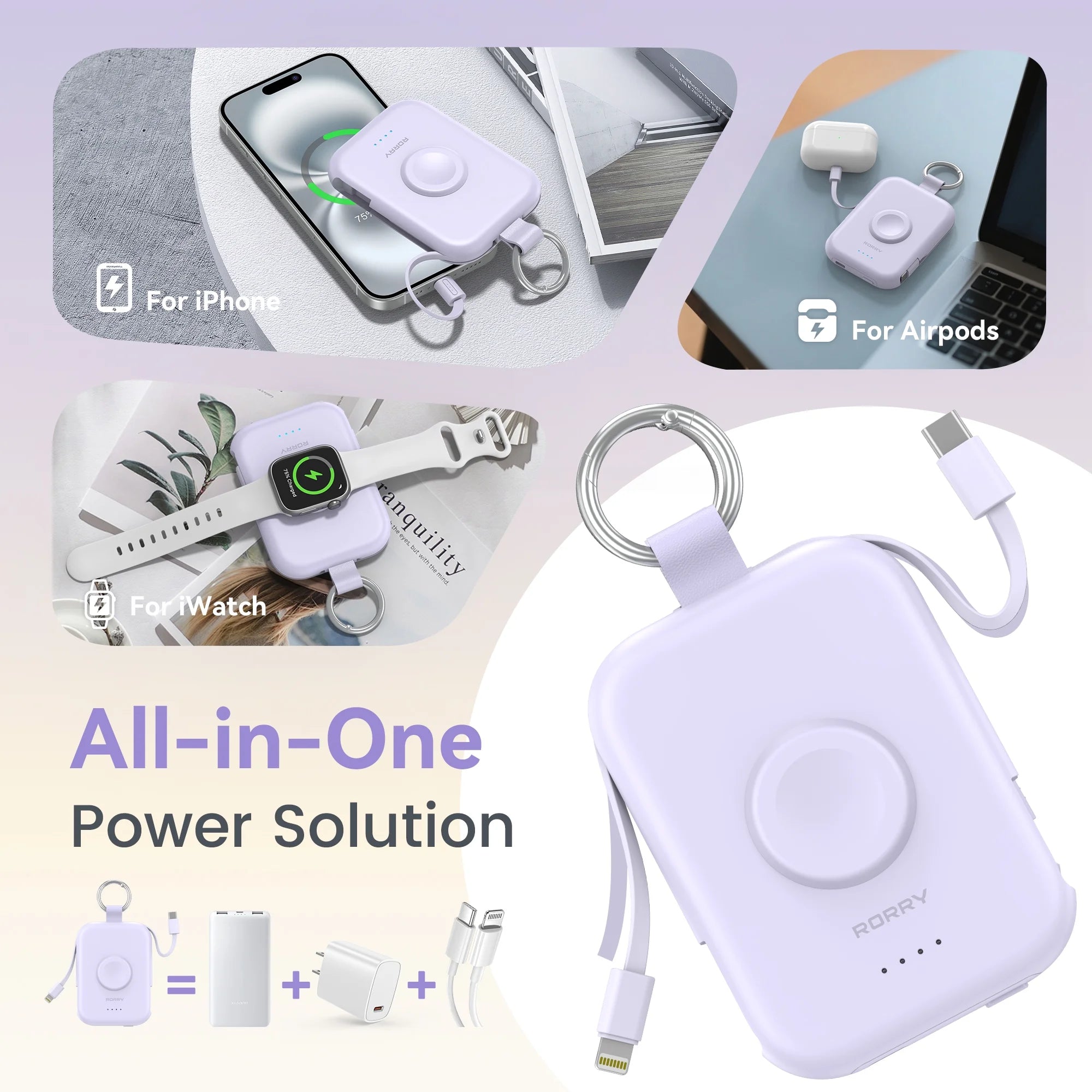 Portable Charger, 5000Mah Power Bank - Apple Watch Charger with Built-In Cables,Travel-Ready Portable Charger for Iphone 17/ 16/15/14 ,Android ,Apple Watch Ultra2/11/10/9/8, White