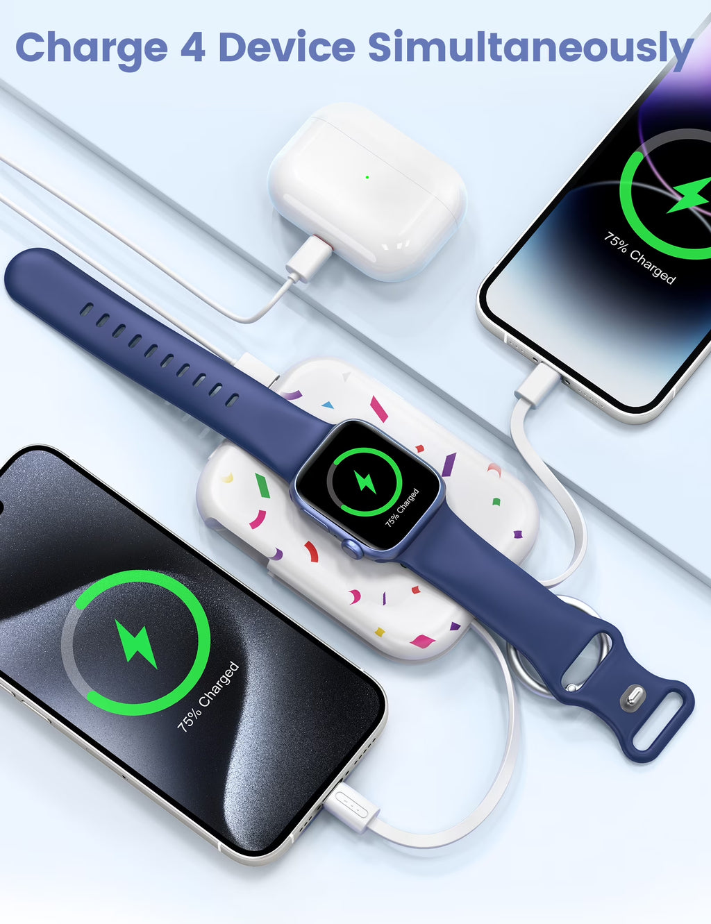 Portable Charger, 5000Mah Power Bank - Apple Watch Charger with Built-In Cables,Travel-Ready Portable Charger for Iphone 17/ 16/15/14 ,Android ,Apple Watch Ultra2/11/10/9/8, Confetti-White